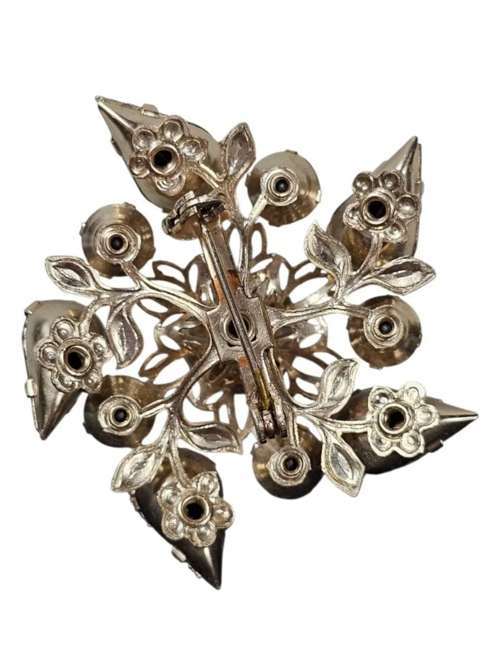 Emerald Green Rhinestone Brooch Aurora Borealis Crystal Pin Sliver Tone VTG